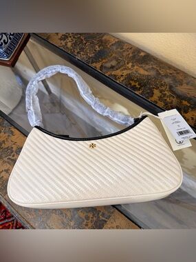Tory Burch Cream Quilted Shoulder Bag with Black Trim and Gold Logo